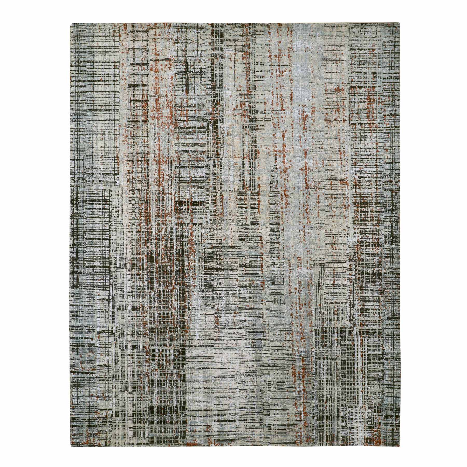 Onyx Black with Beige, Abstract with Galaxy Design, Persian Knot, Densely Woven, 100% Wool, Hand Knotted, Oriental Rug